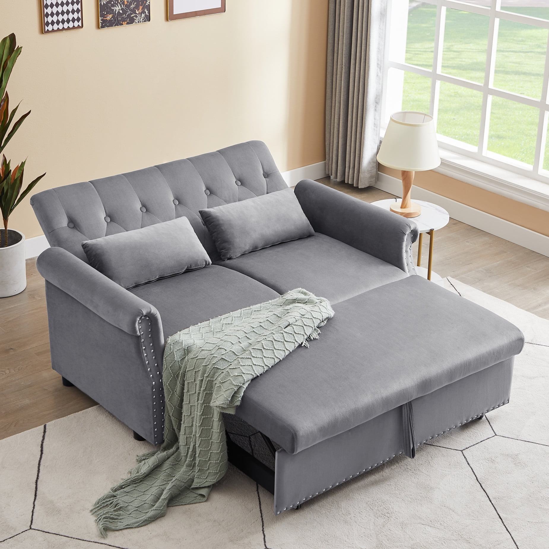 Convertible Sofa Bed, 3-in-1 Multi-functional Velvet Sleeper Couch Pull 