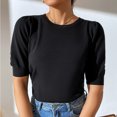 thumbnail image 2 of Camiseta de punto para mujer, mangas cortas abullonadas, puños ajustados, Top informal de verano de Color puro para uso diario, negro L, 2 of 6