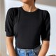 thumbnail image 2 of Camiseta de punto para mujer, mangas cortas abullonadas, puños ajustados, Top informal de verano de Color puro para uso diario, negro XL, 2 of 6