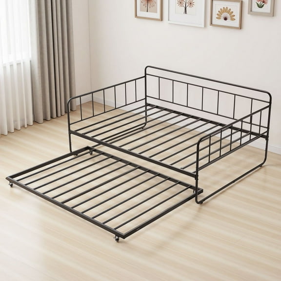 Full Size Daybed Frame with Trundle, Metal Day Bed with Sturdy Metal Slats, Space-Saving Design, Black