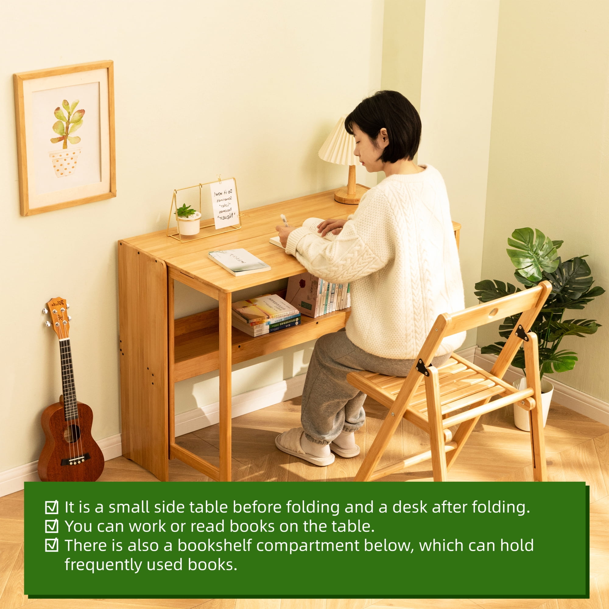 Leumius Bamboo Folding Desk,Space-Saving Computer Desk for Small Spaces, Foldable Study Table for Bedroom Home Office Dorm Apartment (Natural)