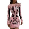 thumbnail image 2 of Costeam Womens Halloween Skeleton Print Bodycon Mini Dress Crew Neck Long Sleeve Floral Lace Detail Gothic Slim Fit Party Club Short Costume Dresses, 2 of 5