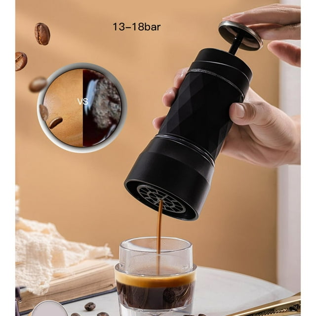 para espresso 120 ml compatible con cápsus y café molido Cafetera manual para viajes, senderismo, ficina, ligera y compacta Negro Macarena Máquina de espresso portátil