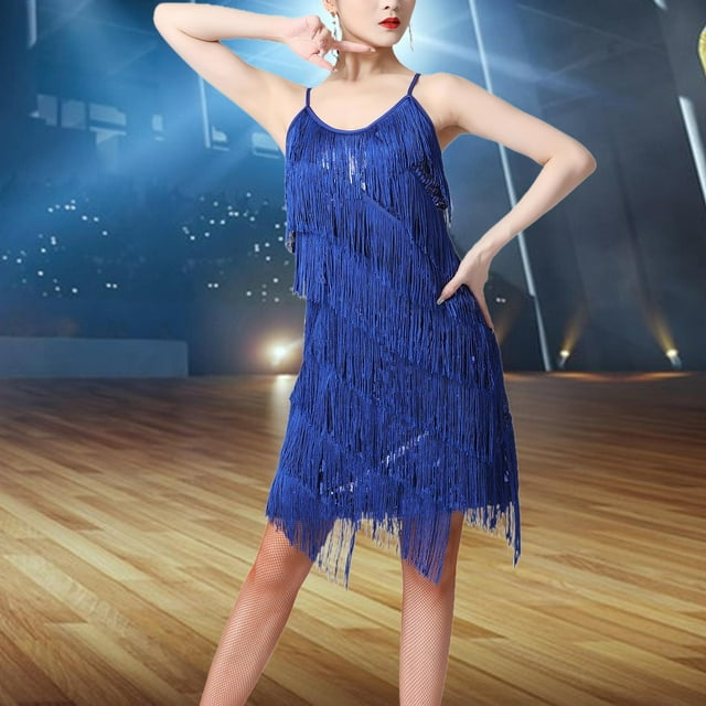 Vestido con borlas de lentejuelas perfecl para mujer elegante vestido con flecos en capas azul SG