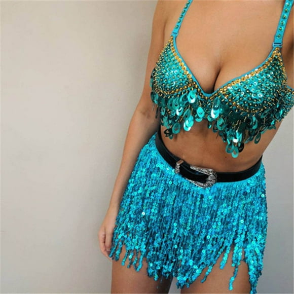 Mefallenssiah Women Sequin Belly Costume Tassel Wrap Skirt Club Mini Skirt