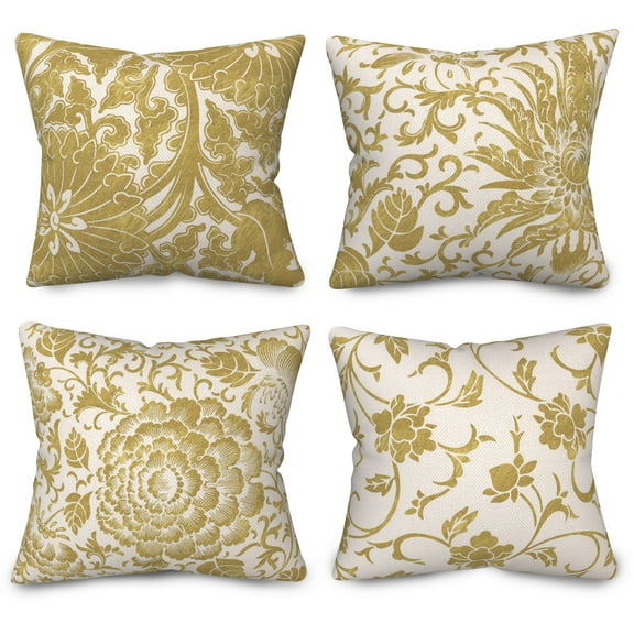 Pbobriich 4PCS Yellow Pillow Covers 18x18,Flower Pattern Linen Throw Pillow Cases for Living Room Bedroom Sofa