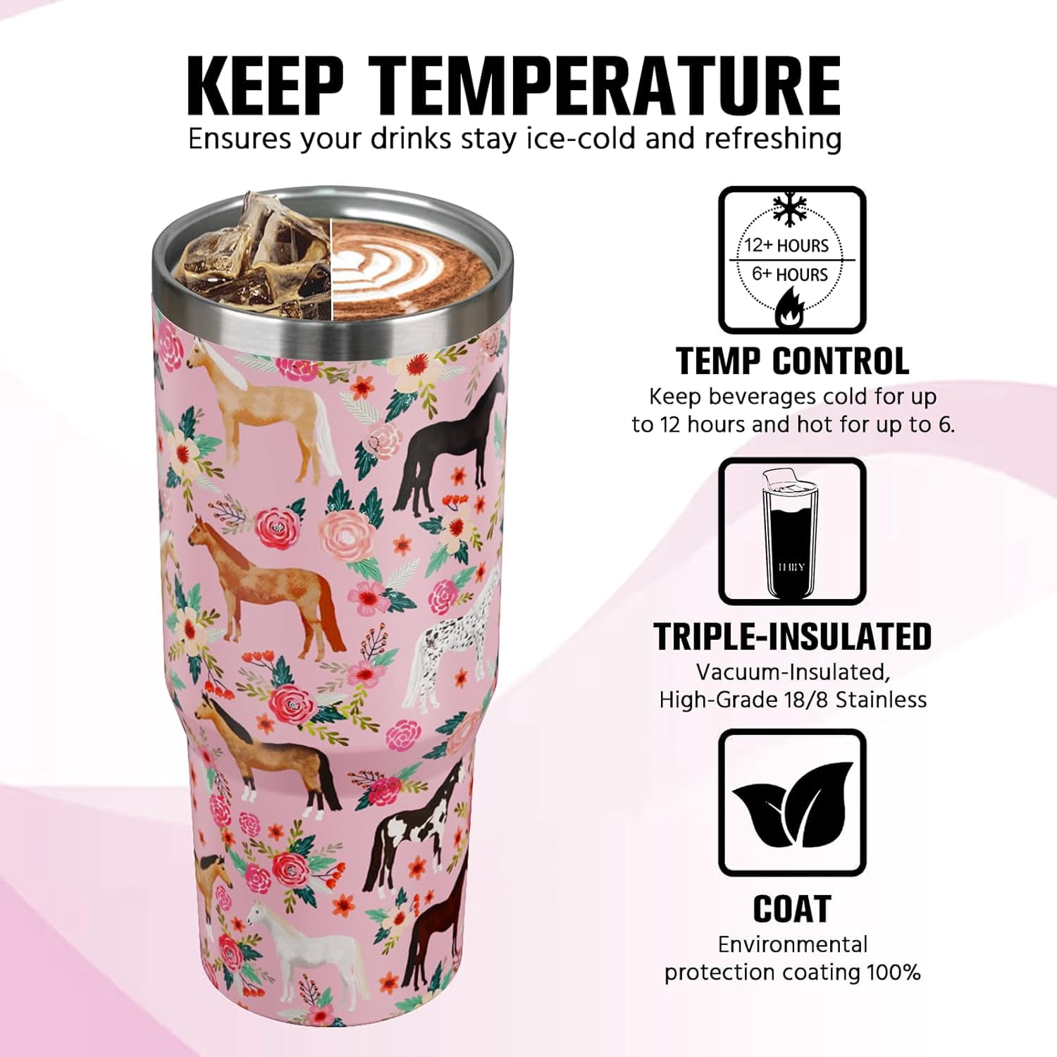 30oz Pink Floral Horse Tumbler with Handle & Flip Straw - Vacuum Insulated Stainless Steel Water Bottle, Leakproof Travel Mug - Gift for Equestrian, Women, Girls - Use for Home, Office, Car, Outdoors
