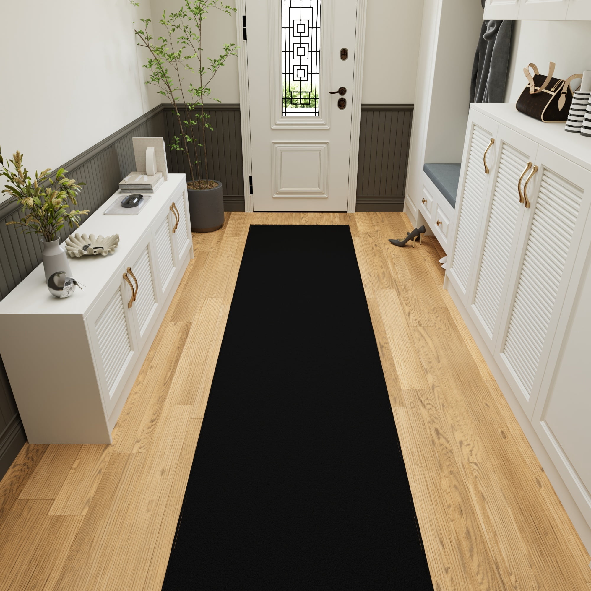 Ottomanson Extra Long Runner Rug Non-Slip Low Pile Stain Resistant, Solid Black, 2'7" x 15'