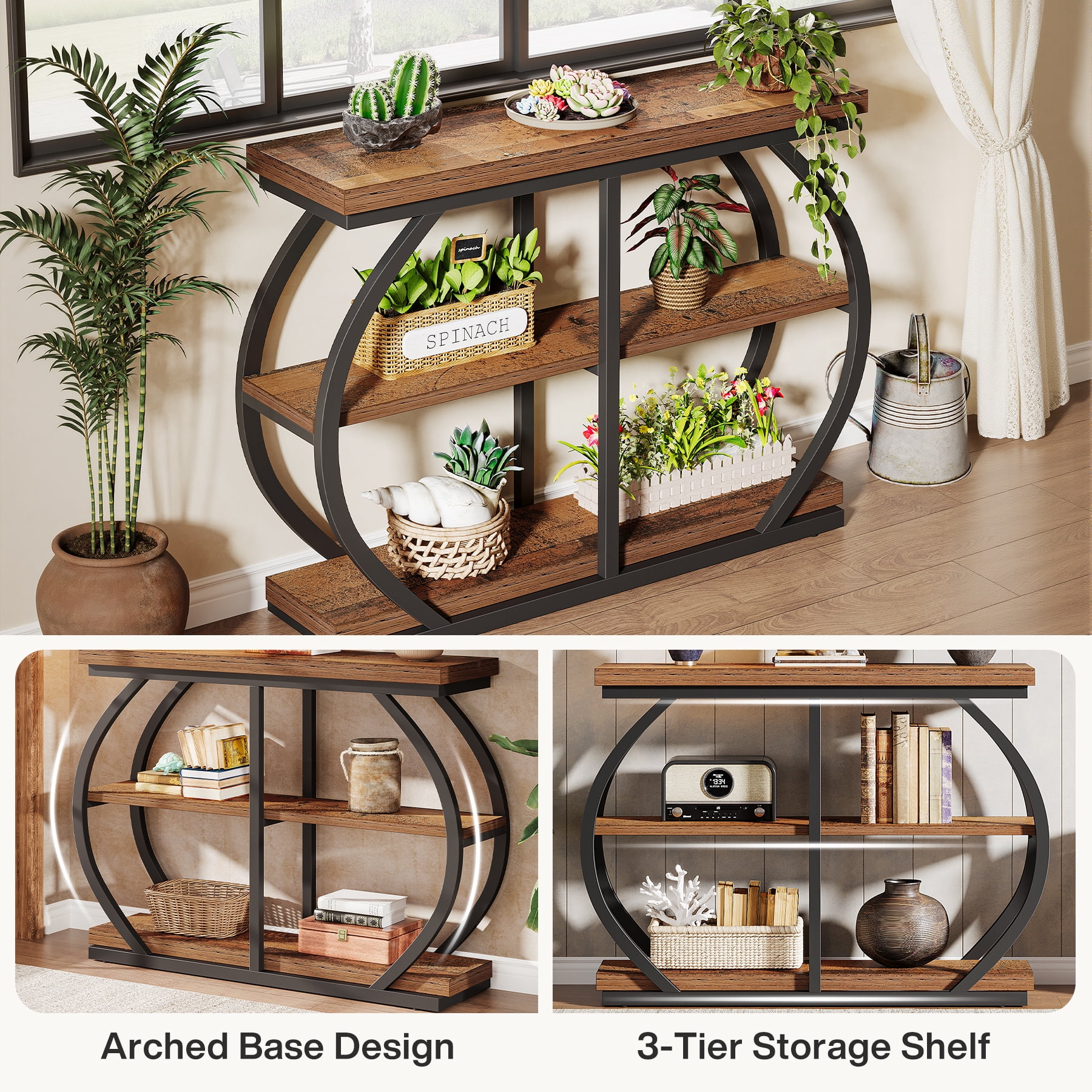 Tribesigns 41.3" Industrial Console Table: 3-Tier, Arched Metal Frame, Entryway Table with Storage Shelves, Mix Brown & Black