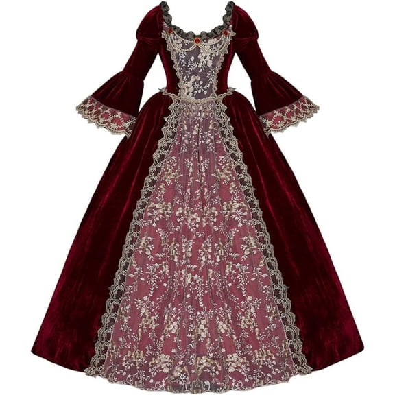 Women's Medieval Ball Gown Red Civil War Dress Southern Belle Gown Floral Lace Dress