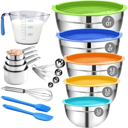 Mixing Bowls, Mixing Bowl Set with Lids, 22PCS Large Stainless Steel Mixing Bowls & 400ML Measuring Cups Spoons Storage Nesting Metal Baking Bowl 7/6/4.5/3.5/2.5QT for Kitchen Supplies