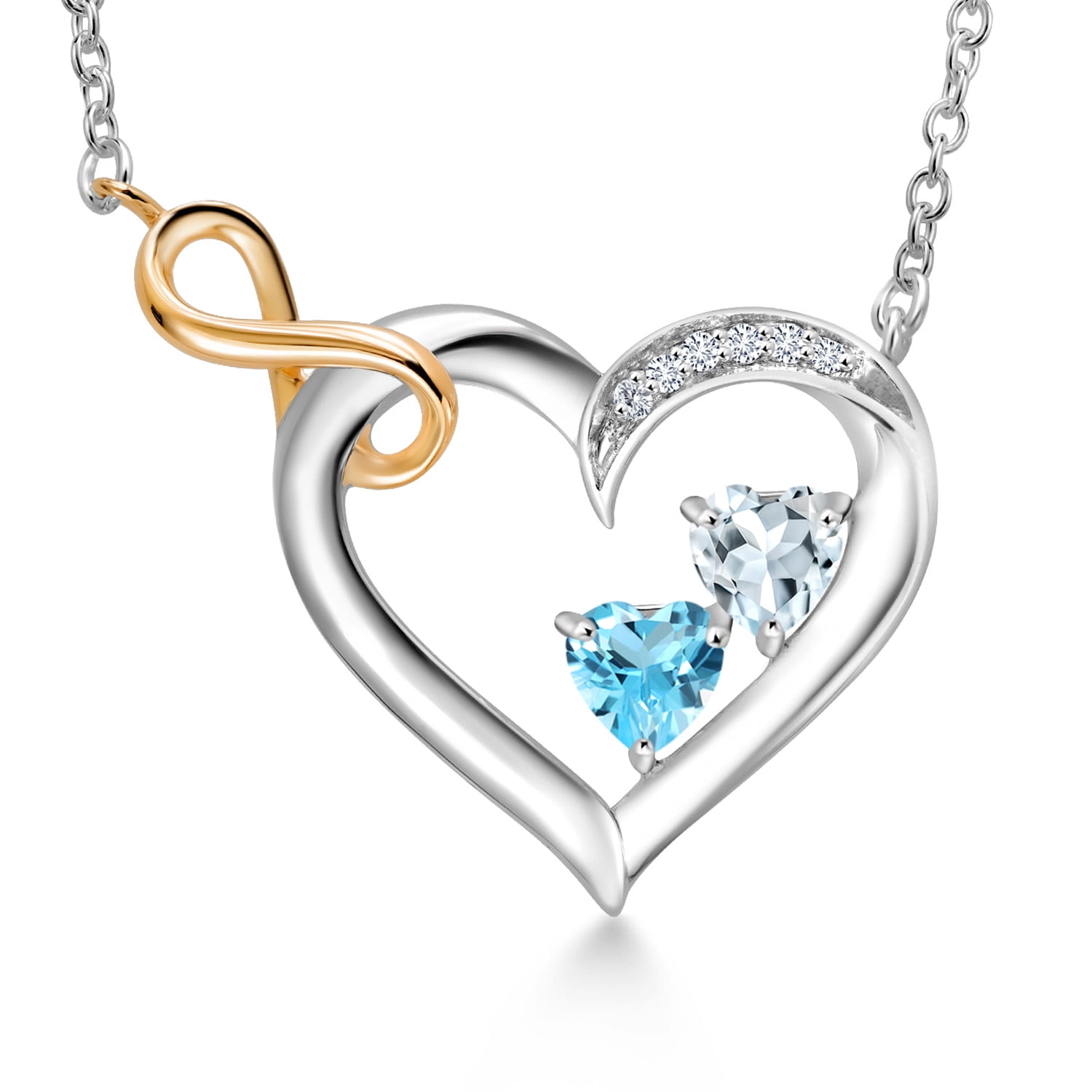 925 Sterling Silver and 10K Yellow Gold Sky Blue Aquamarine Swiss Blue Topaz and White Lab Grown Diamond Infinity Heart Pendant Necklace for Women (0.61 Cttw, Heart Shape 4MM, with 18 inch Chain)