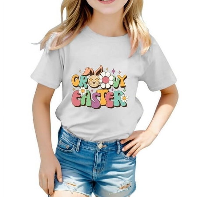 FhsagQ T-Shirt Graphique Mignon de Pâques pour Filles, Col Rond, Manches Courtes, Été, Décontracté, T-Shirt pour Tout-Petits, Printemps, Blanc, 8-9 Ans
