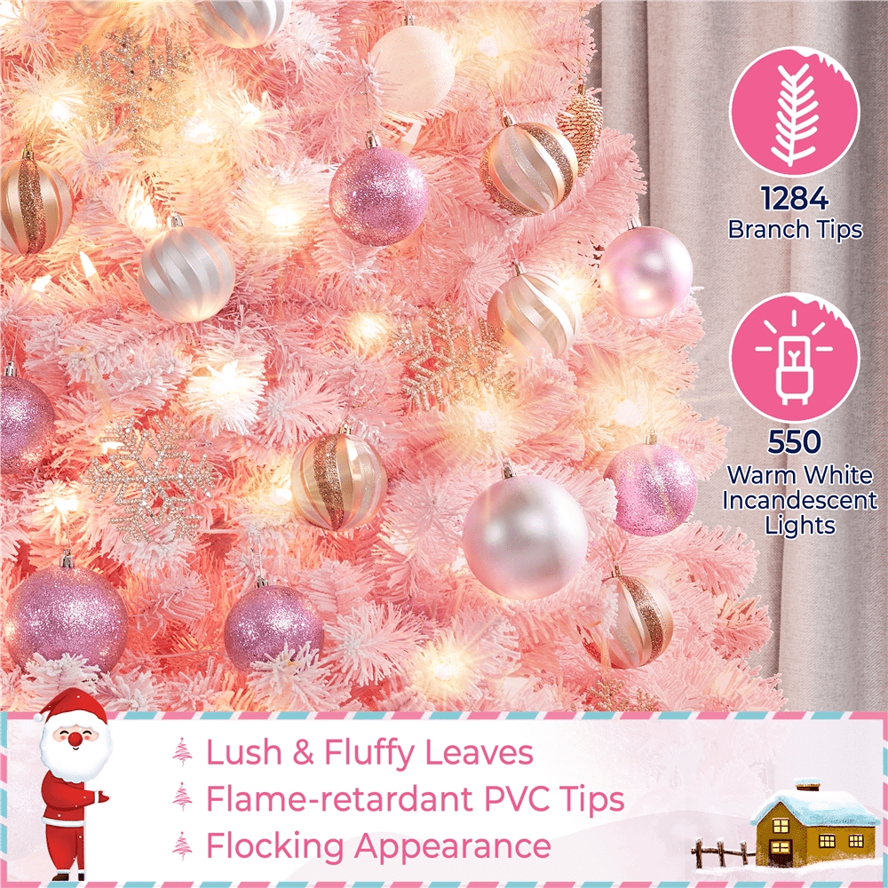 Renwick 7.5Ft Pre-lit Flocked Artificial Christmas Tree with 550 Incandescent Warm Lights, Pink Gradient