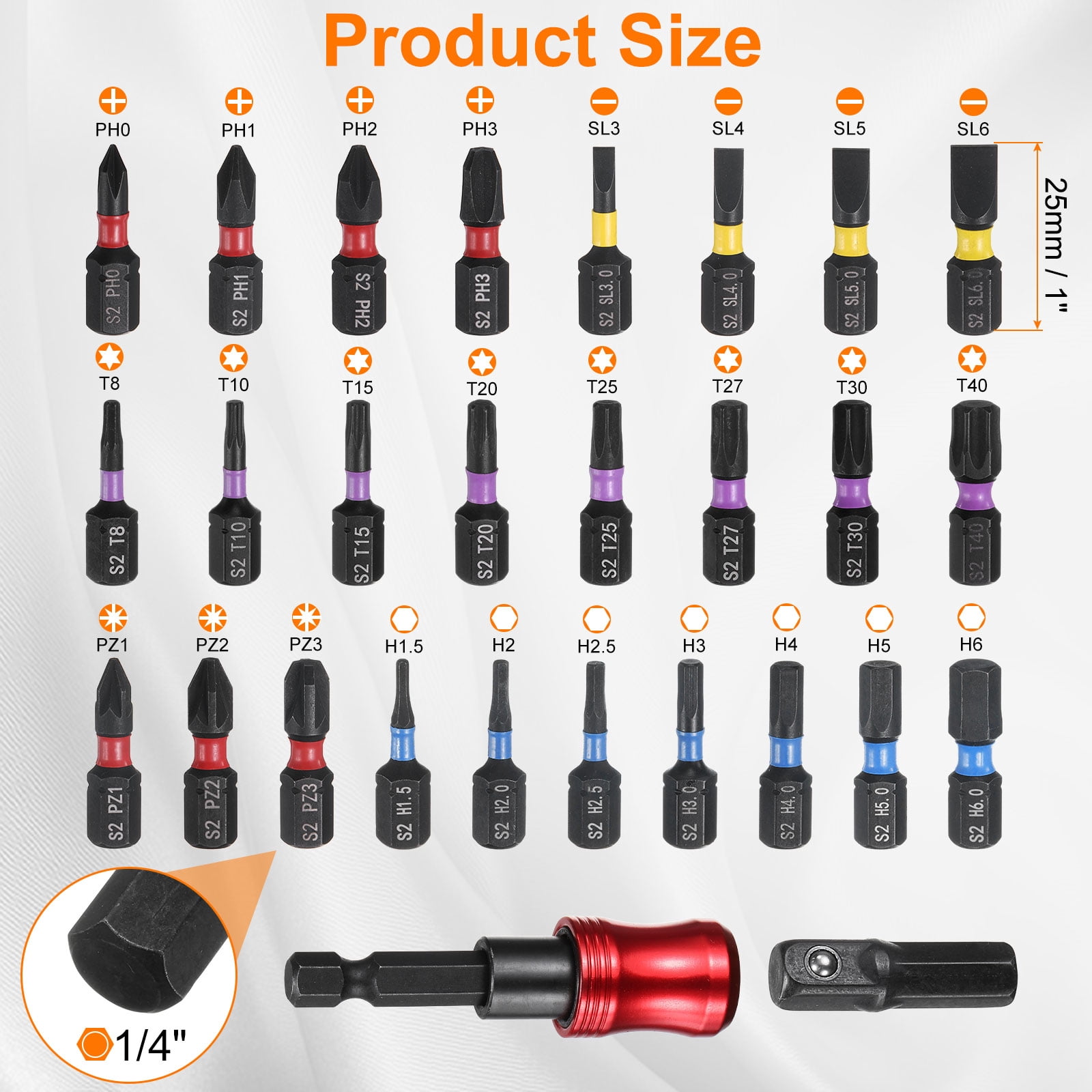 Uxcell 32pcs PH0-PH3 Phillips SL3-SL6 Slotted H1.5-H6 Hex T8-T40 Torx PZ1-PZ3 Pozi Screwdriver Bit Set 1/4" Hex Shank Magnetic Drill Bits with Coupler Bit Holder and Red Case
