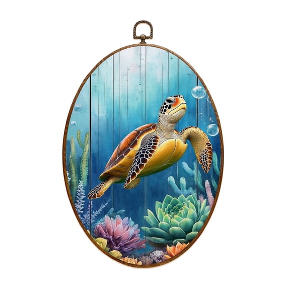 Canvas Wall Art Sea Turtle Succulent Rustic Marine Life Ocean Sea Animals Farmhouse Oval Framed Canvas Prints Vintage Wall Hanging Decor for Bedroom Home Gallery Bathroom 8.6"x11.4"