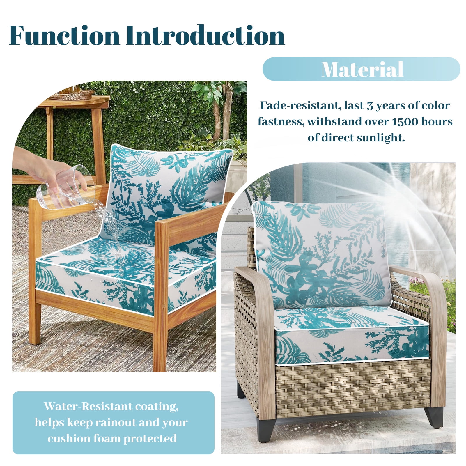 Outdoor Deep Seat Cushions Set, 24x24x6 inch, Fade Resistant, Waterproof Patio Chair Cushion with Backrest(Blue Enchantress)