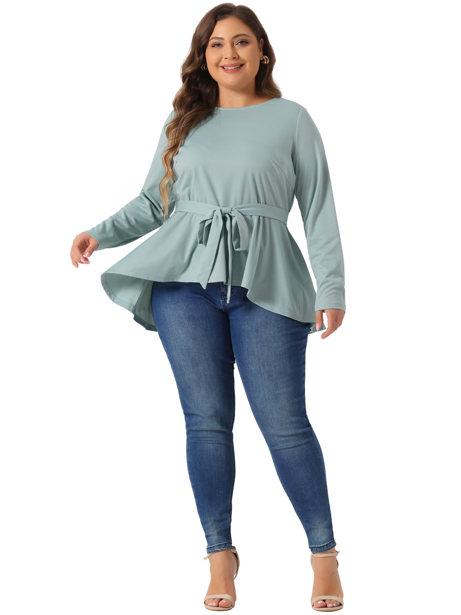 DARING DIVA Women's Plus Asymmetrical Hem Crew Neck Blouse 2X Gray Green