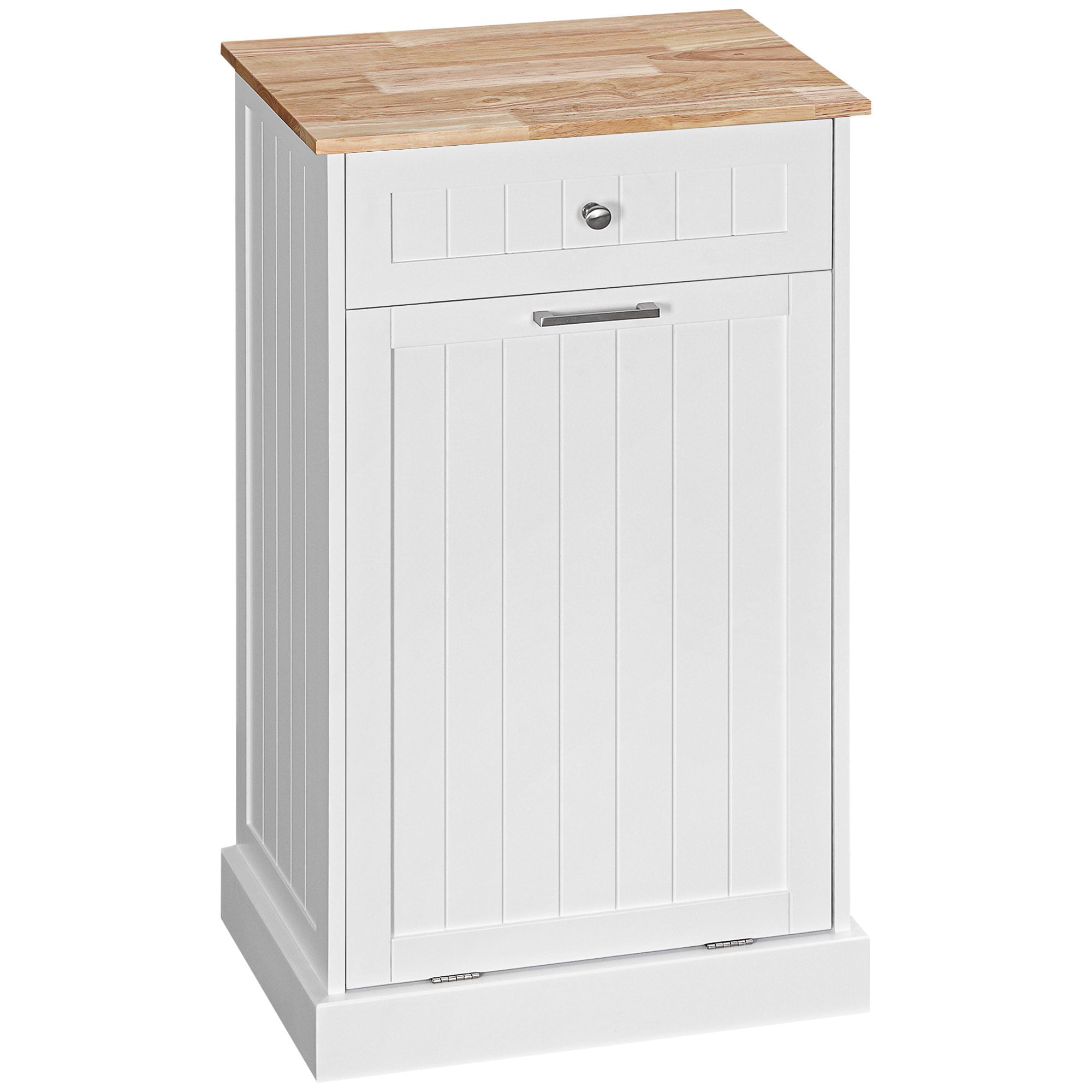 Tilt Out Trash Bin Cabinet with Drawer, Free Standing Recycling Can Holder, MDF and Wood, 20 in W x 13.25 in D x 35.5 in H, 10 Gallon Capacity, White