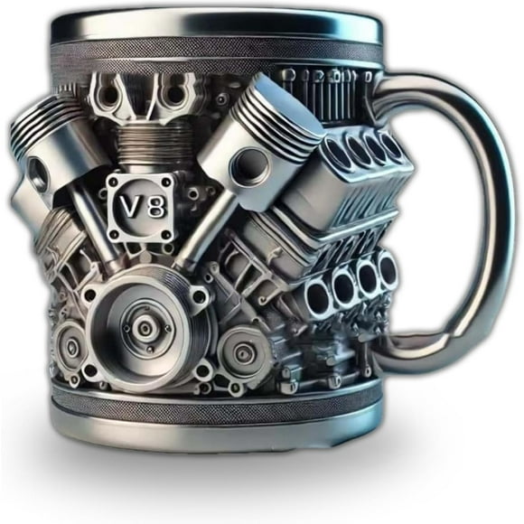 Engine Mug V8 / V6, Cool Black Coffee Mugs, Car Industry Design Machine Pattern Resin Mug Water Cup Unique Design, Gift for Fellow Boyfriend Father Birthday Gift (V8)