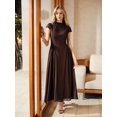thumbnail image 6 of Womens Elegant Brown Cap Sleeve High Neck Flowy Pleated Maxi Dress, 6 of 9