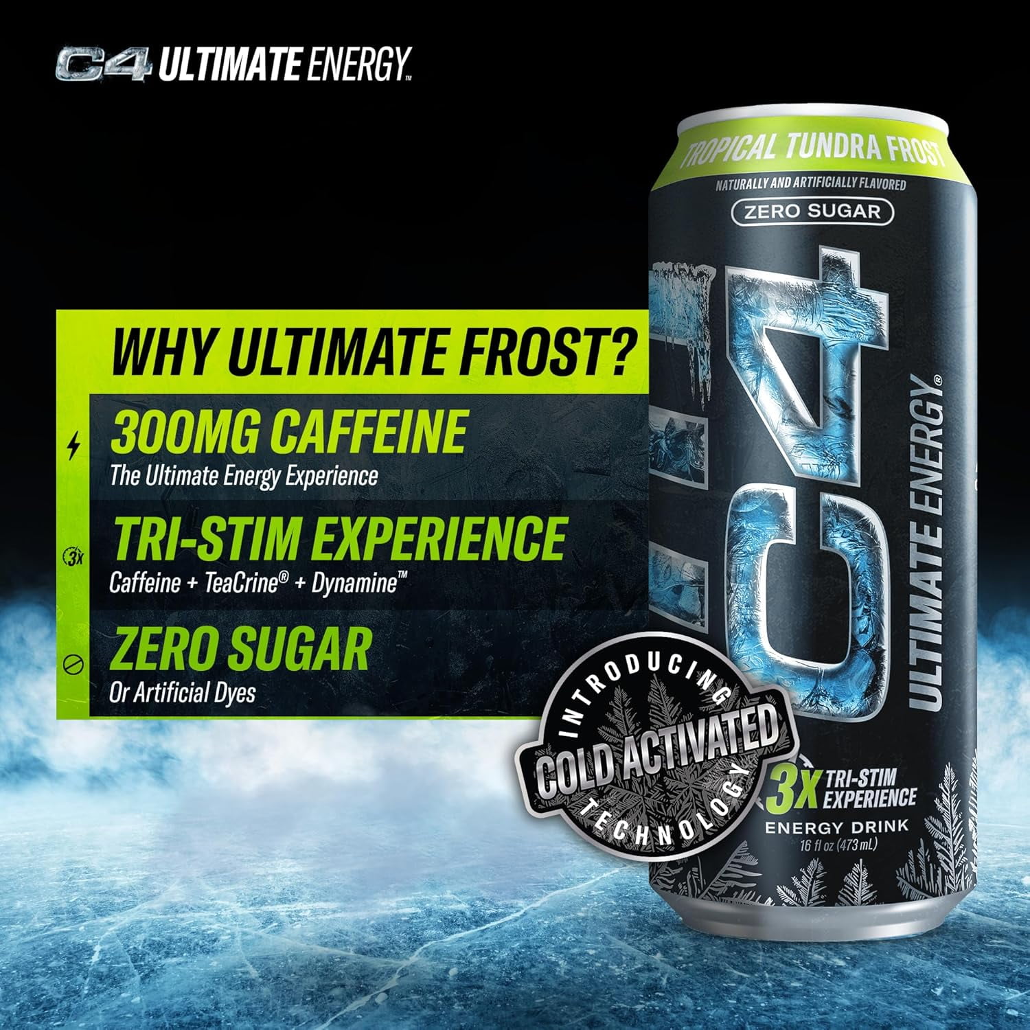 C4 Ultimate Energy Drink, Tropical Tundra Frost Flavor, Zero Sugar, Carbonated, 16 fl oz Can, 12 Pack