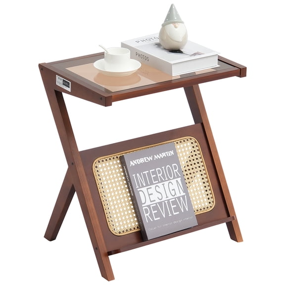 VEVOR Rattan Coffee Table, Z-Shaped Rattan Woven Bamboo Coffee Table with Tempered Glass Top, 20” Modern Boho Storage Coffee Table with Natural Bamboo Legs, for Living Room, Bedroom & Small Spaces