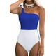 thumbnail image 2 of Traje de baño de una pieza para mujer Color Block Traje de baño con lazo en un hombro, azul blanco, S Feliz Sencillez, 2 of 5