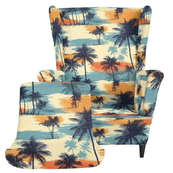 Chririnla 2-Piece Soft Wing Chair Slipcovers, Retro Palm Tree Print Spandex Stain Resistant Single-Seat Wingback Armchair Covers for Living Room Bedroom