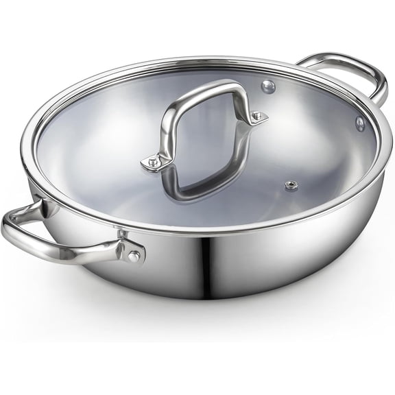 Cook N Home Tri-Ply Clad 12-Inch Stainless Steel Wok Pan with Lid, Flat Bottom Wok Stir Fry Pan, Dishwasher and Oven-Safe, Compatible with All Cooktops