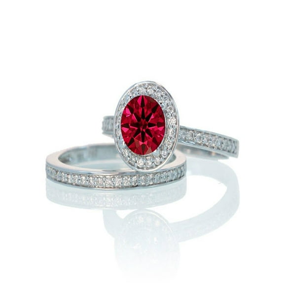 2 Carat Unique Classic Halo Round Ruby and Diamond Bridal Ring Set on 10k White Gold