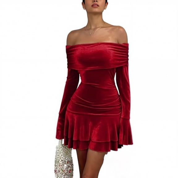 Off Shoulder Velvet Dress, Tiered Mini Dress for Party Wear, Glamorous Holiday Dress for Christmas, NYE, and Night Out Celebrations Red M