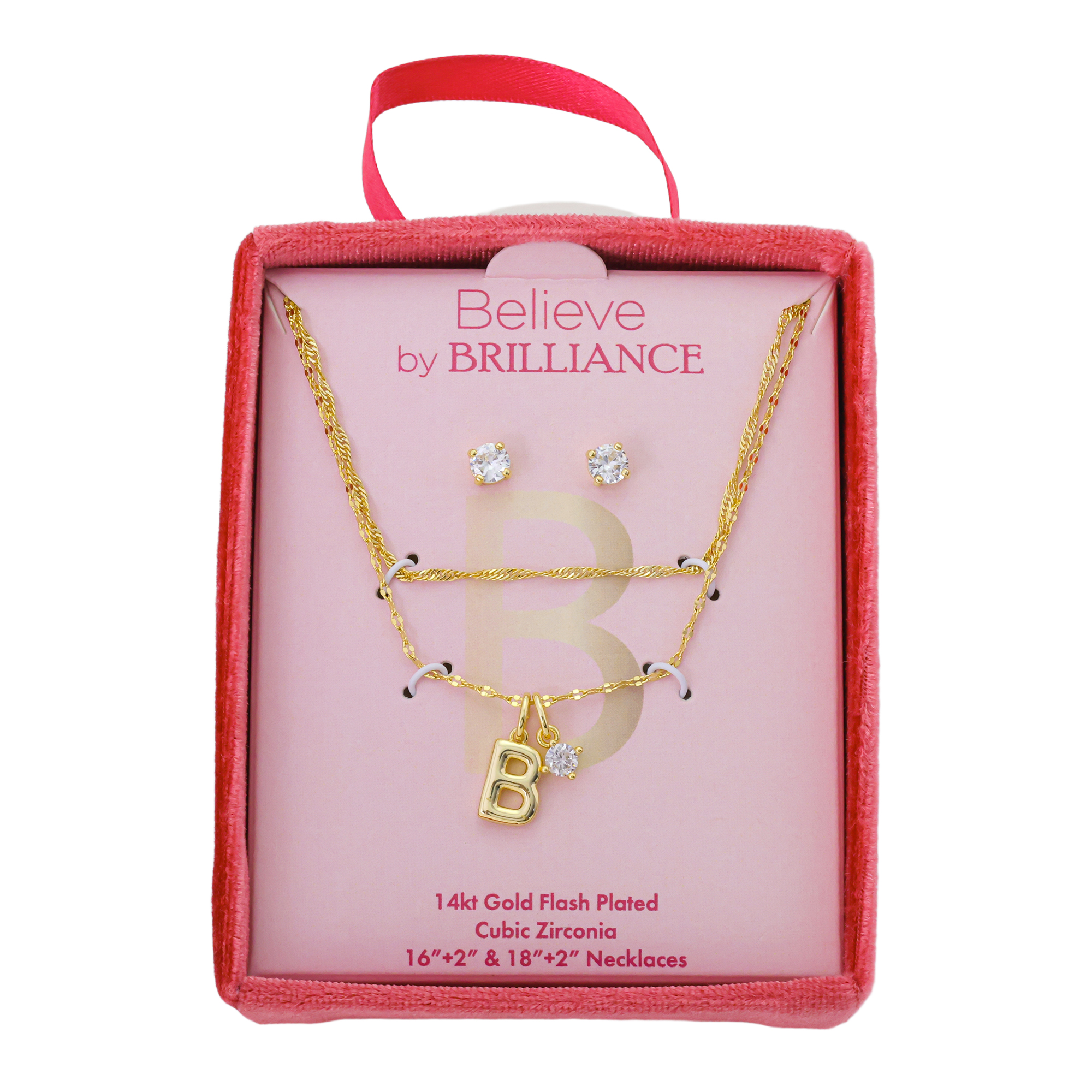 Believe by Brilliance Women's 14Kt Gold Flash Plated Initial B Slider Charm and Cubic Zirconia Charm Layered Necklace and Stud Earring Set, 16+2"/18+2"