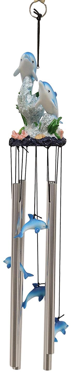 Ebros Nautical Marine Dolphin Family Swimming by Coral Reef Wind Chime 21" Long