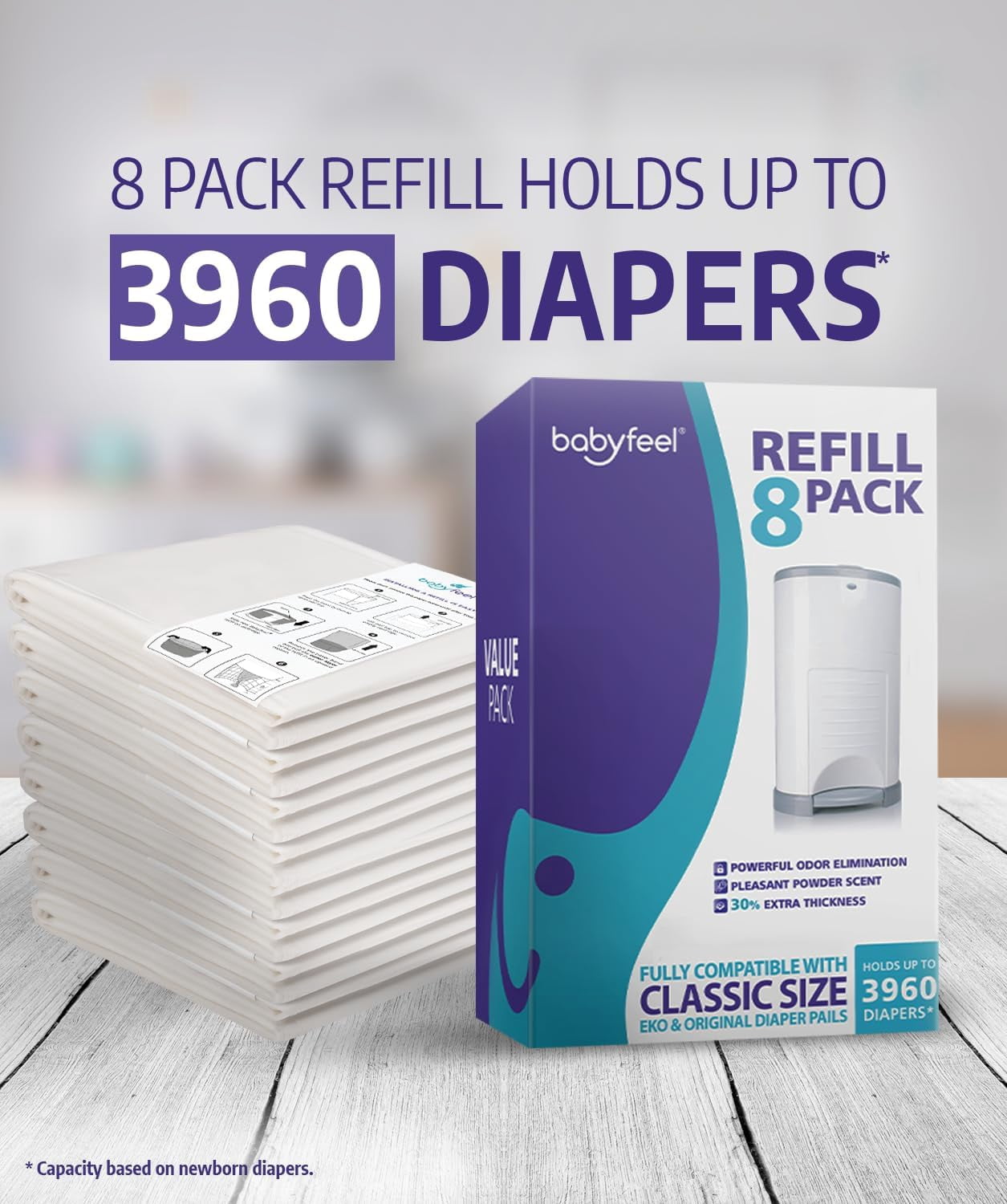 Refills Compatible with DEKOR CLASSIC Diaper Pails | 8 Pack | Exclusive 30% Extra Thickness | Diaper Pail Refills with Powerful Odor Elimination | Powder Scent | Holds up to 3960 Diapers