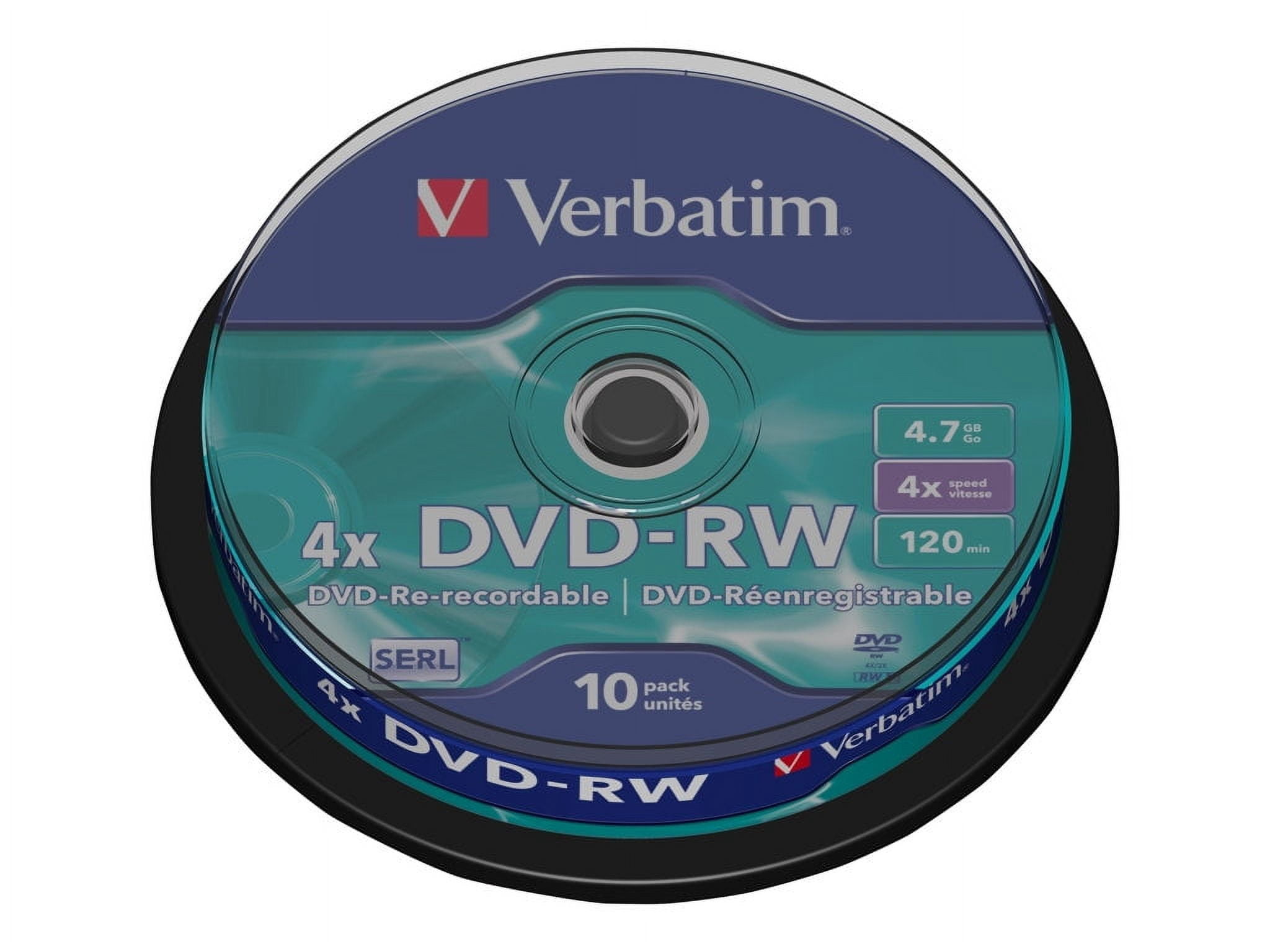 Verbatim DataLifePlus 10 Pack DVD-RW Discs 4.7GB 4x Rewritable Discs Matte Silver For Video Recording and Data Storage (Spindle)