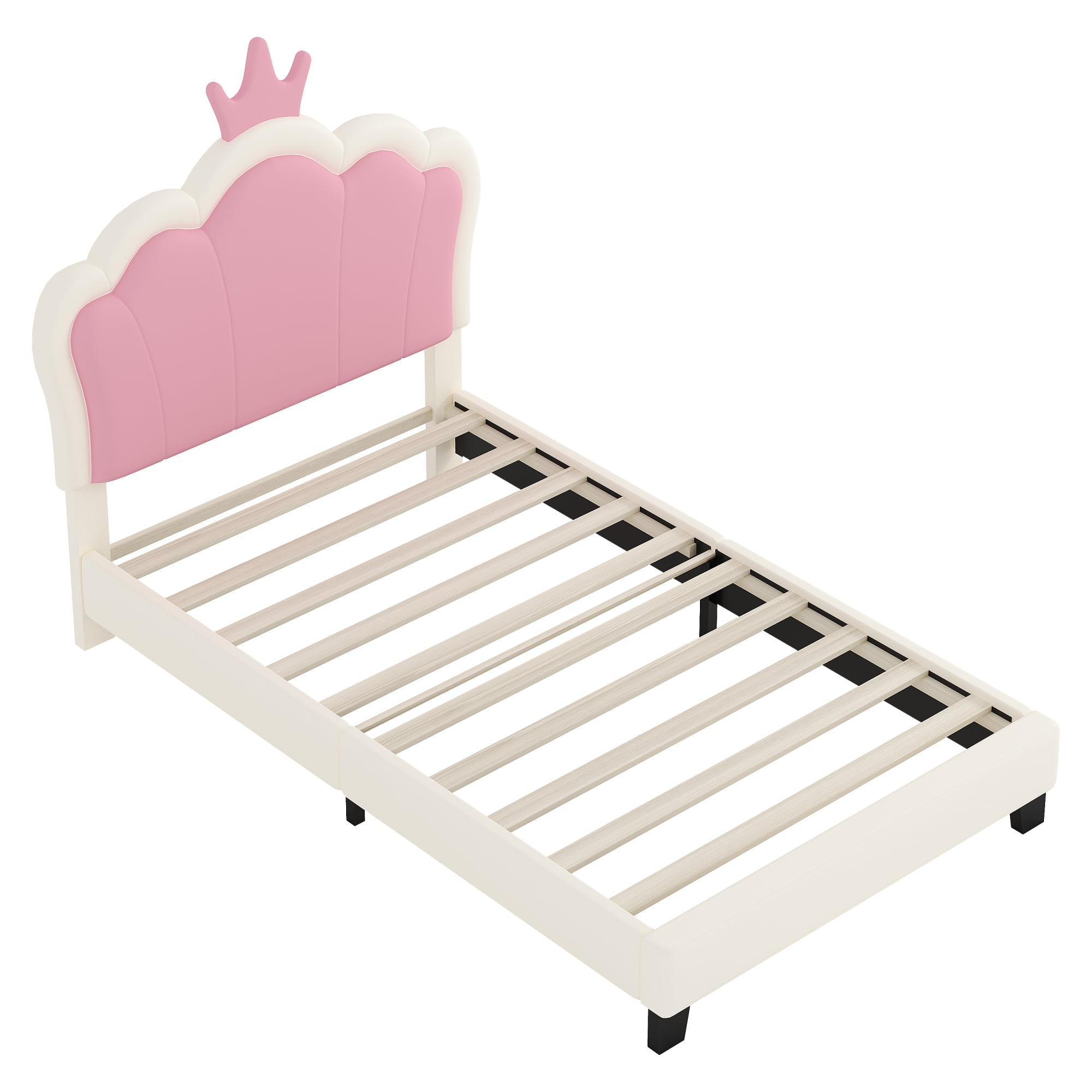 Jopath Twin Size Upholstered Bed, Princess Platform Bed with Headboard, Crown Headboard Design for Toddler Kids Teens Cream