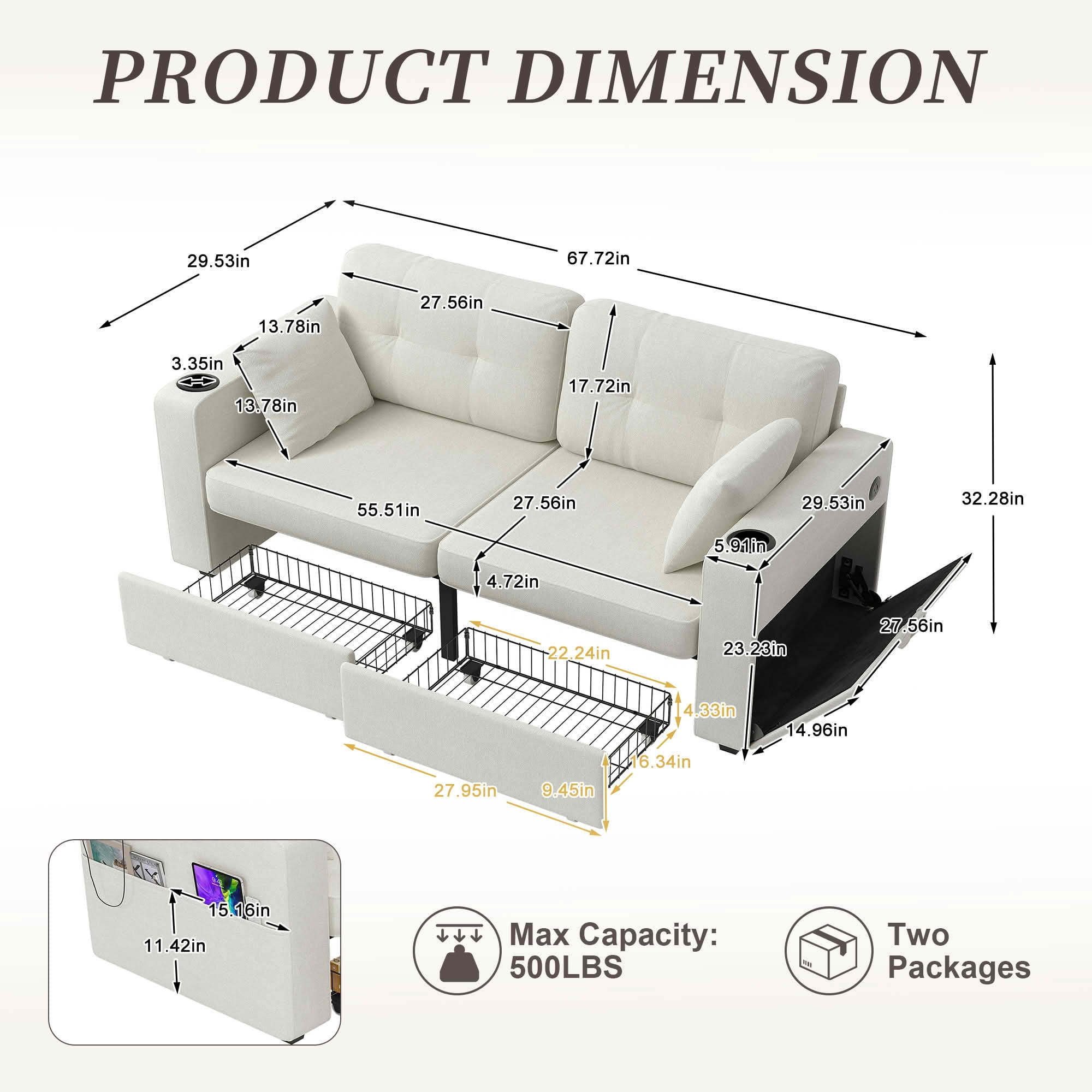 MAYEERTY Modern 3-Seat Chenille Sofa, Wood Frame Sectional Couch with USB Charging, Cup Holder & Storage Function for Home Small Space Living Room