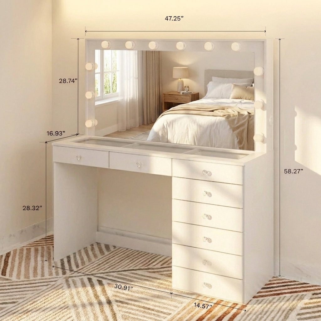 Boahaus Verona Large Vanity Desk with Mirror and Lights – 8 Drawer Makeup Vanity Table with Storage and Power Outlet