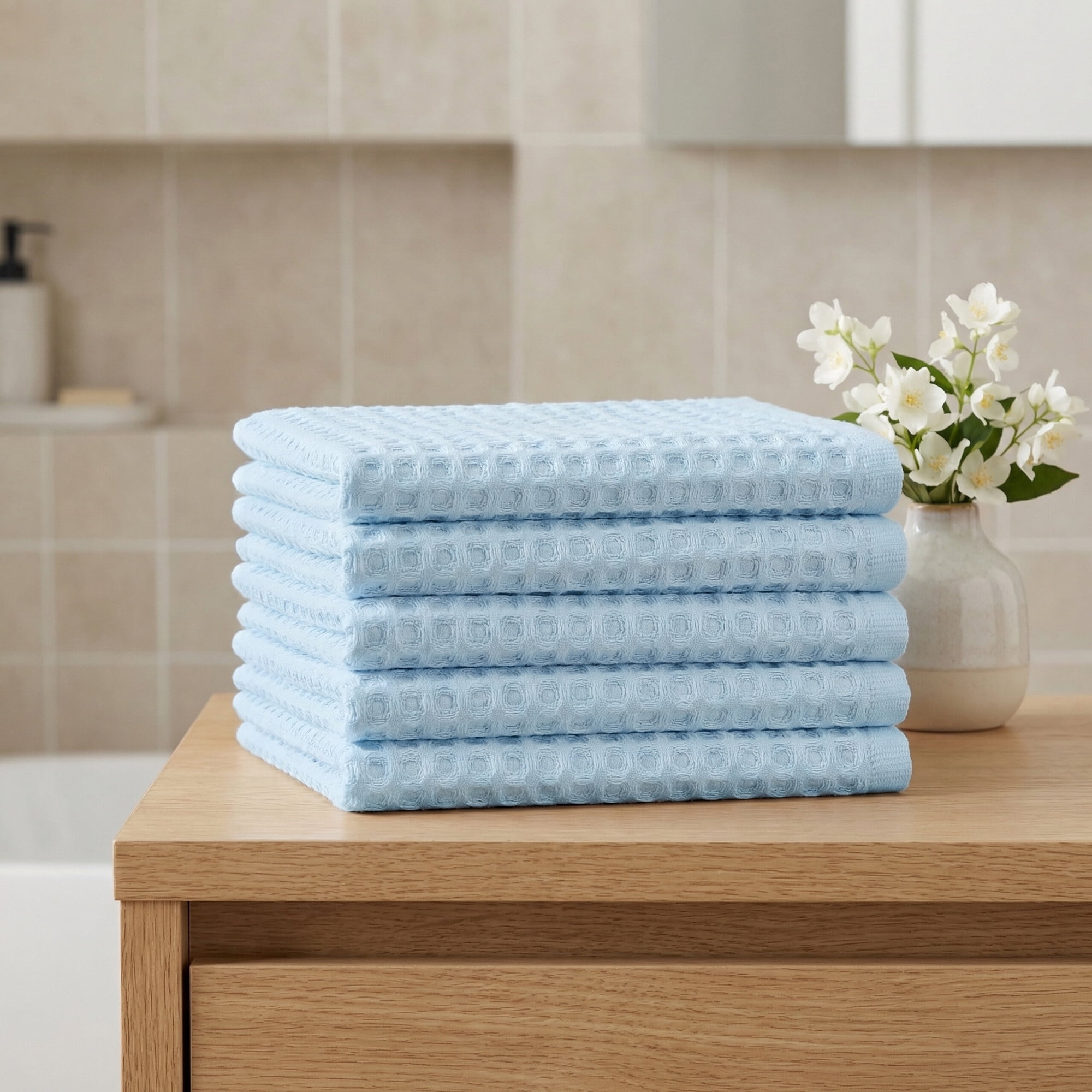 Unique Bargains Cotton Waffle Soft Quick Dry Lint Free Face Cloths 13x13in Light Blue 4pk
