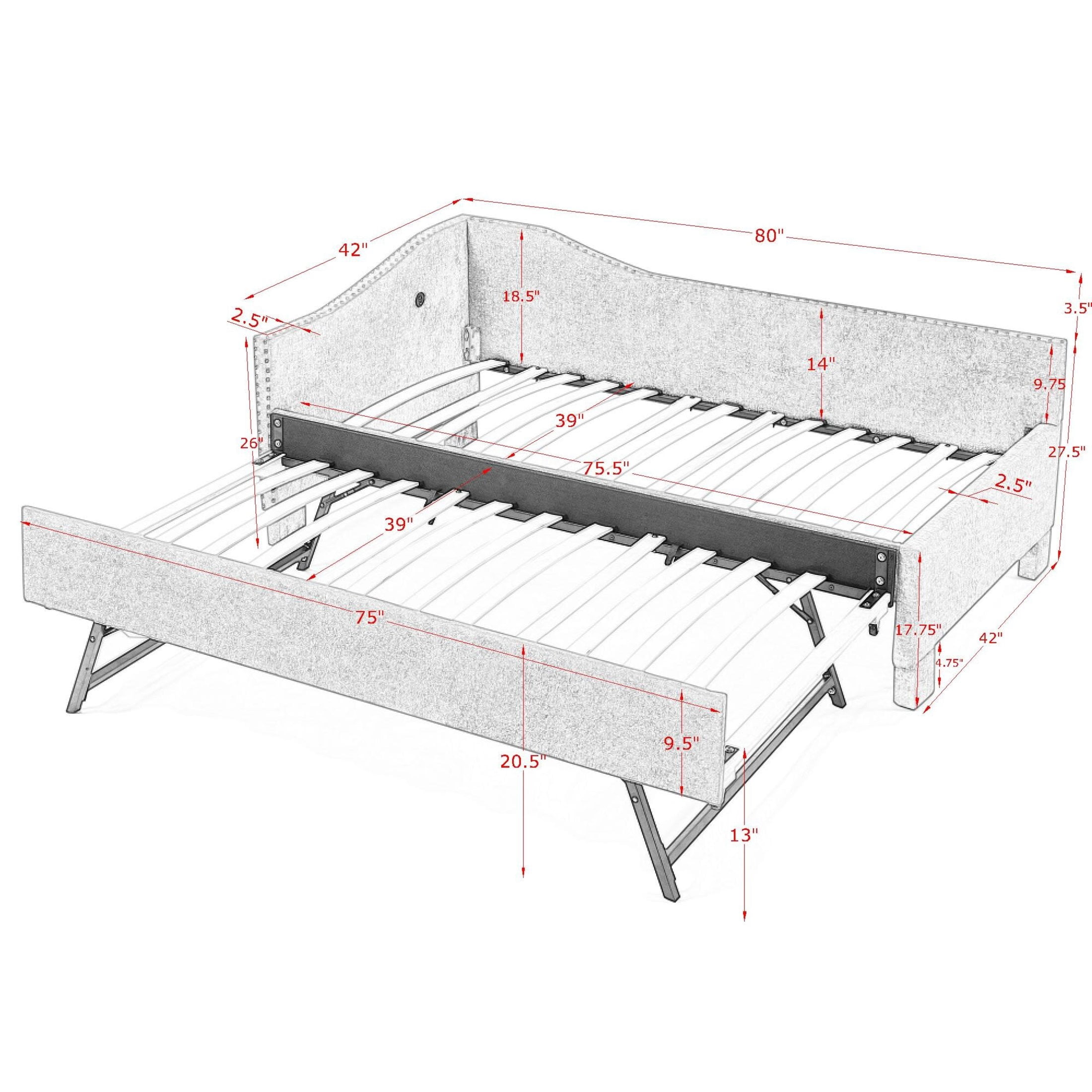 Noble House Phineas Twin Size Chenille Padded Daybed, Sofa Bed Frame with Twin Trundle and Charging Port, Grey