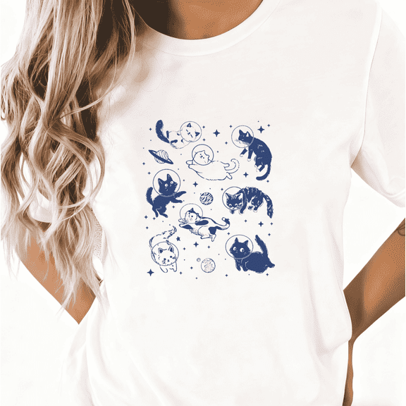 Space Cat Graphic Suitable and Casual Tee T-Shirt Top Print Short Sleeve Round Neck White S-5XL