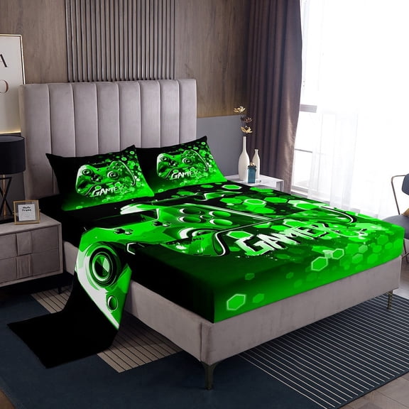 Erosebridal Teenager Gamepads Sheet Set Twin,Black Green Bedding Sets Twin Size,Geometry Hexagon Twin Sheet Sets,Microfiber Ombre Bedroom Decorative,3pcs
