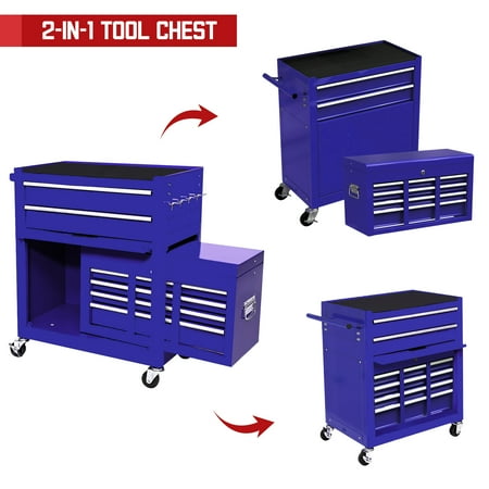 

Tool Chest with Drawers 2-IN-1 Rolling Tool Chest & Cabinet Large Capacity with 8 Drawers Lockable Tool Box Organizer On Wheels with Sliding Drawers Hidden Double Tool Box Blue