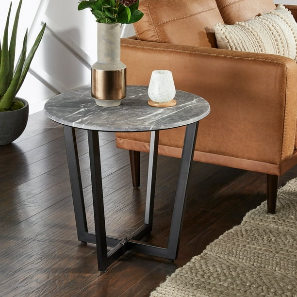 Weston Home Galvin Round Faux Marble and Metal End Table, Grey Finish