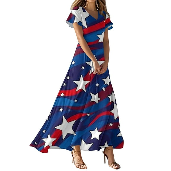 Women's Starry Design V-Neck Maxi Dress, Patriotic American Flag Inspired Summer Casual Long Dress for Independence Day 4th of July ,Red S