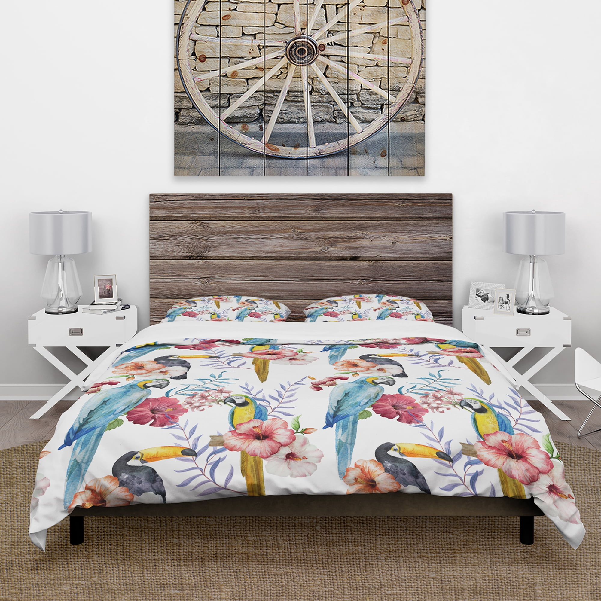Designart 'Parrots, Hibiscus and Toucan' Animals Duvet Cover Set