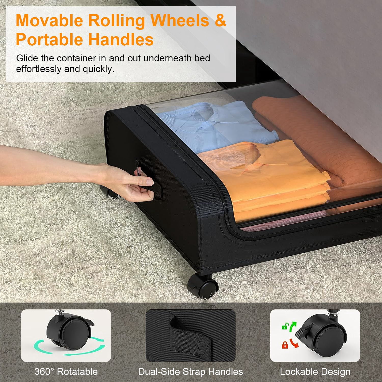 Moclever Under Bed Storage Containers Rolling Clothing Organizer 42L/11Gal Under Bed Drawers with Clear Lid 360° Lockable Rolling Wheels Strap Handles 2Pack