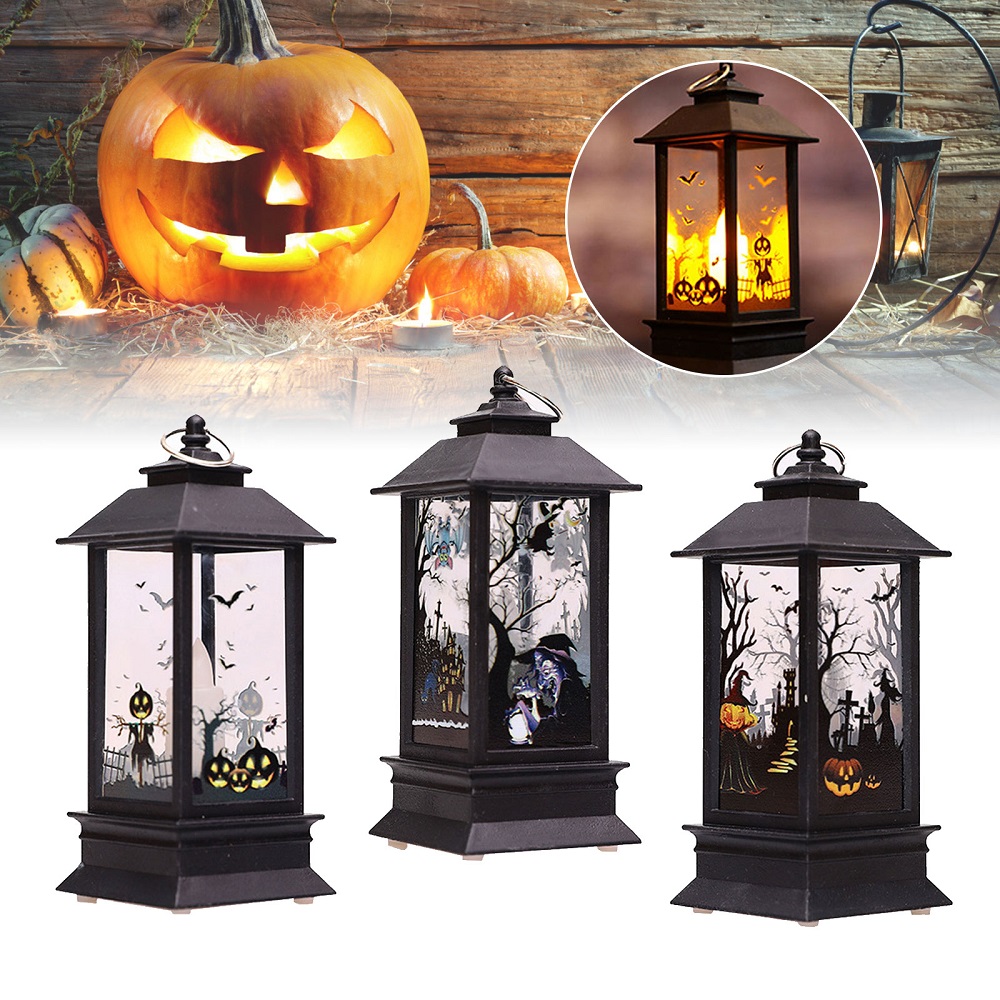 Halloween Portable Lanterns, Orange Candle LED Halloween Lamp Lights, 5x2" Spooky Witch Pumpkin Scarecrow Castle Flame Lights Hanging Night Light for Home Party Porch House Bar - image 1 of 5