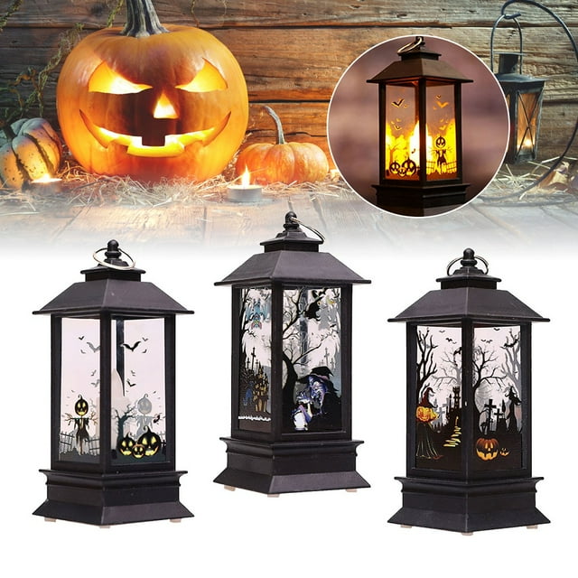 Halloween Portable Lanterns, Orange Candle LED Halloween Lamp Lights, 5x2" Spooky Witch Pumpkin Scarecrow Castle Flame Lights Hanging Night Light for Home Party Porch House Bar